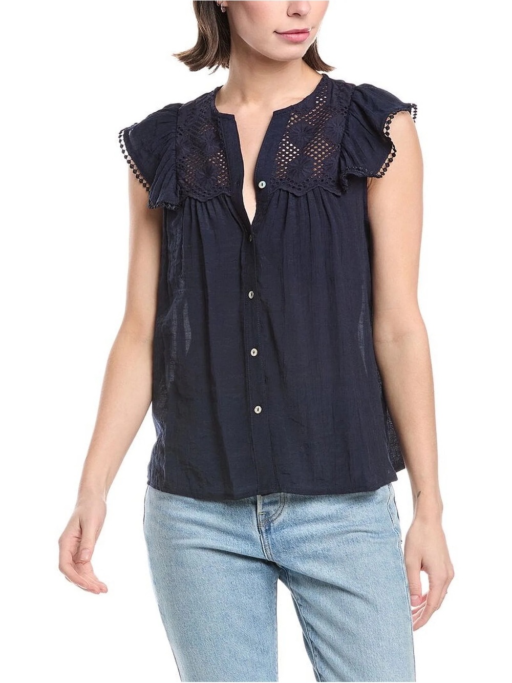 Nanette Navy Eyelet Cap-Sleeve Button Front Top